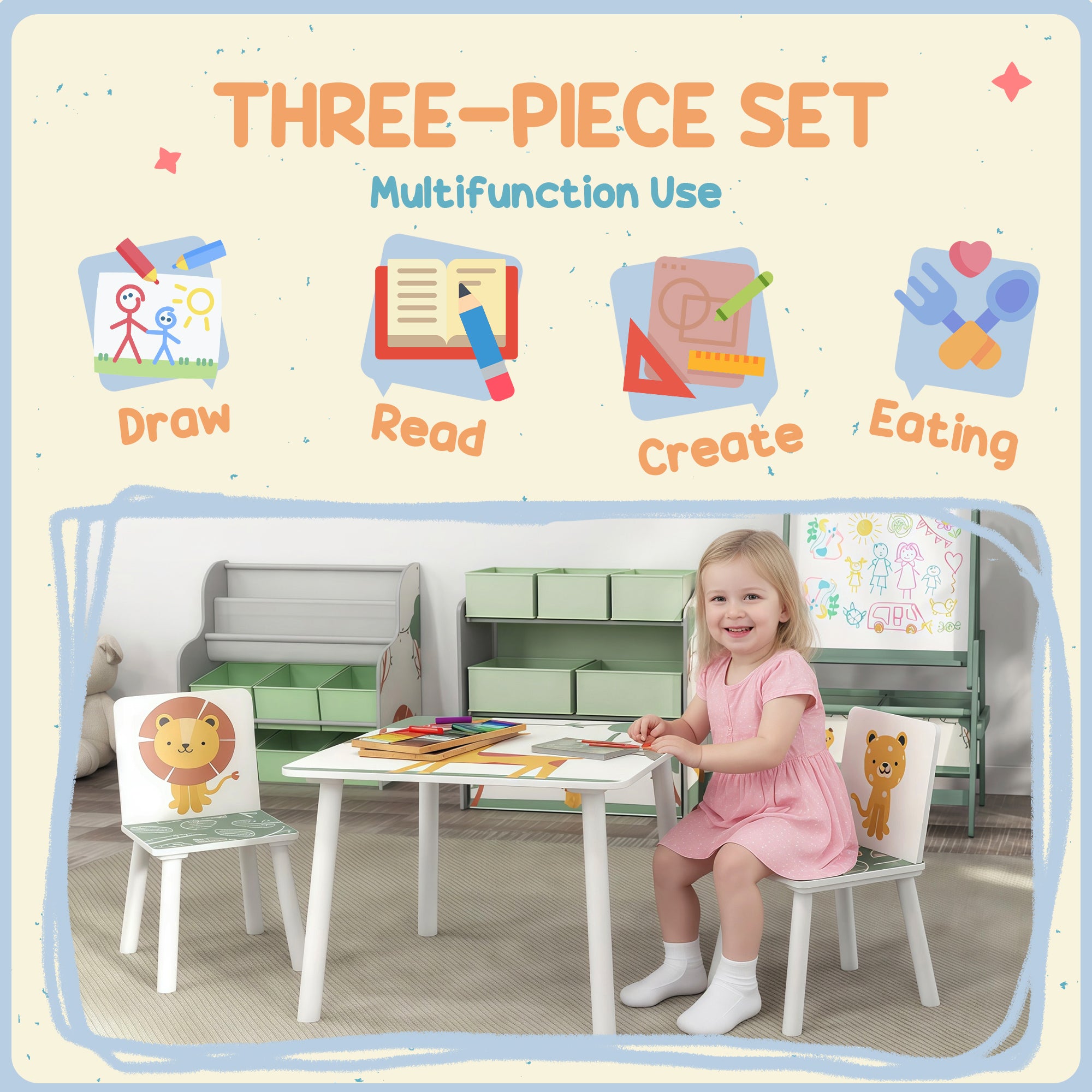 3-Piece Kids Toddler Table and Chair Set Furniture for Boys and Girls Aged 3-8