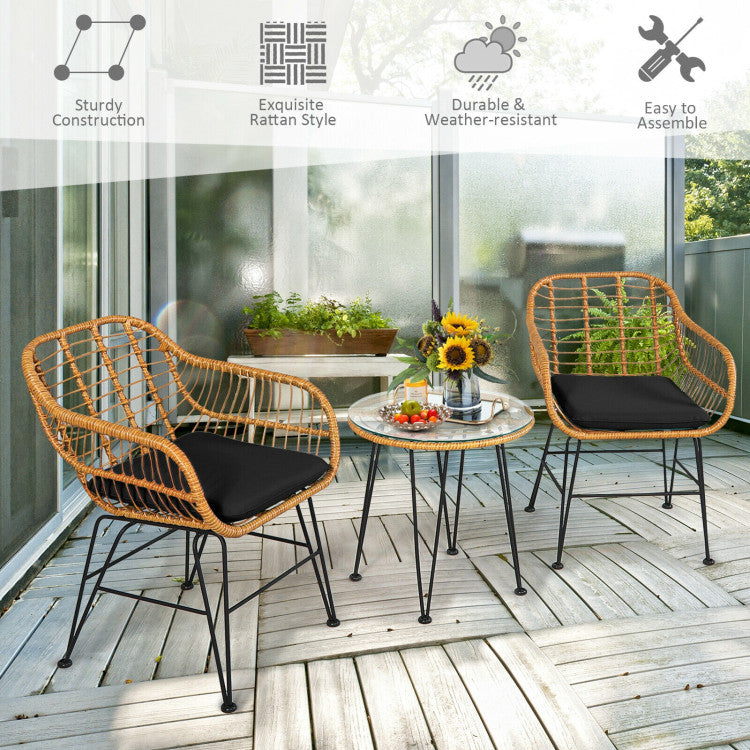 3 Pieces Rattan Furniture Set With Cushioned Chair Table
