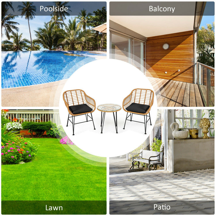 3 Pieces Rattan Furniture Set With Cushioned Chair Table