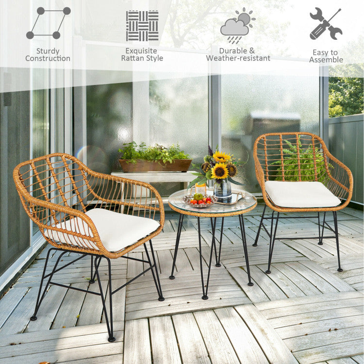 3 Pieces Rattan Furniture Set With Cushioned Chair Table