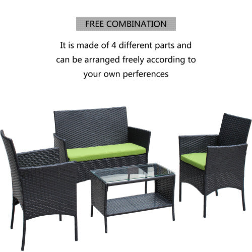 4 PC Rattan Patio Furniture Set Outdoor Patio Cushioned Seat Wicker Sofa Green Cushion