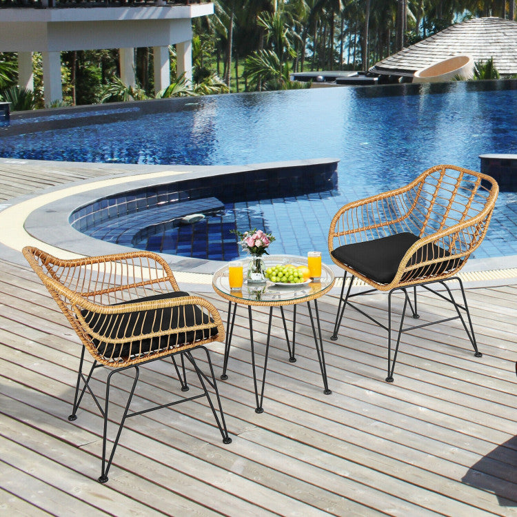 3 Pieces Rattan Furniture Set With Cushioned Chair Table