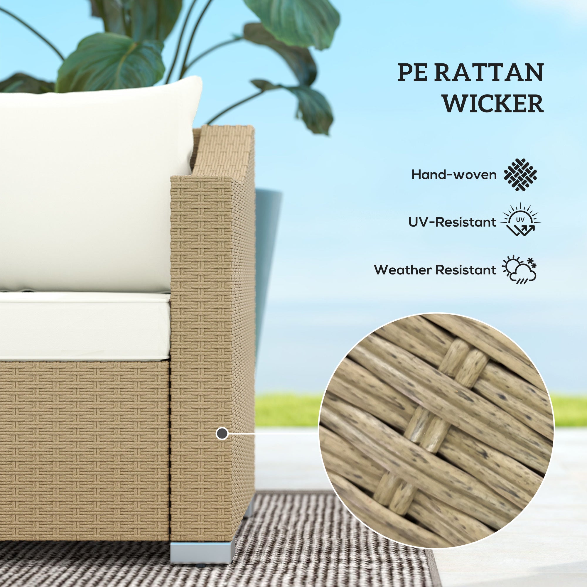 Rattan Wicker 3 Seater Patio Couch With Cushions, 2 Throw Pillows, Outdoor Furniture Rattan Sofa, Cream White