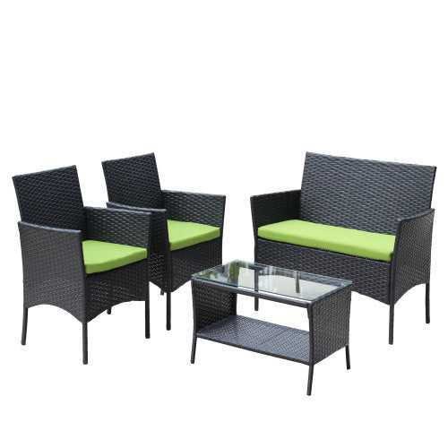 4 PC Rattan Patio Furniture Set Outdoor Patio Cushioned Seat Wicker Sofa Green Cushion