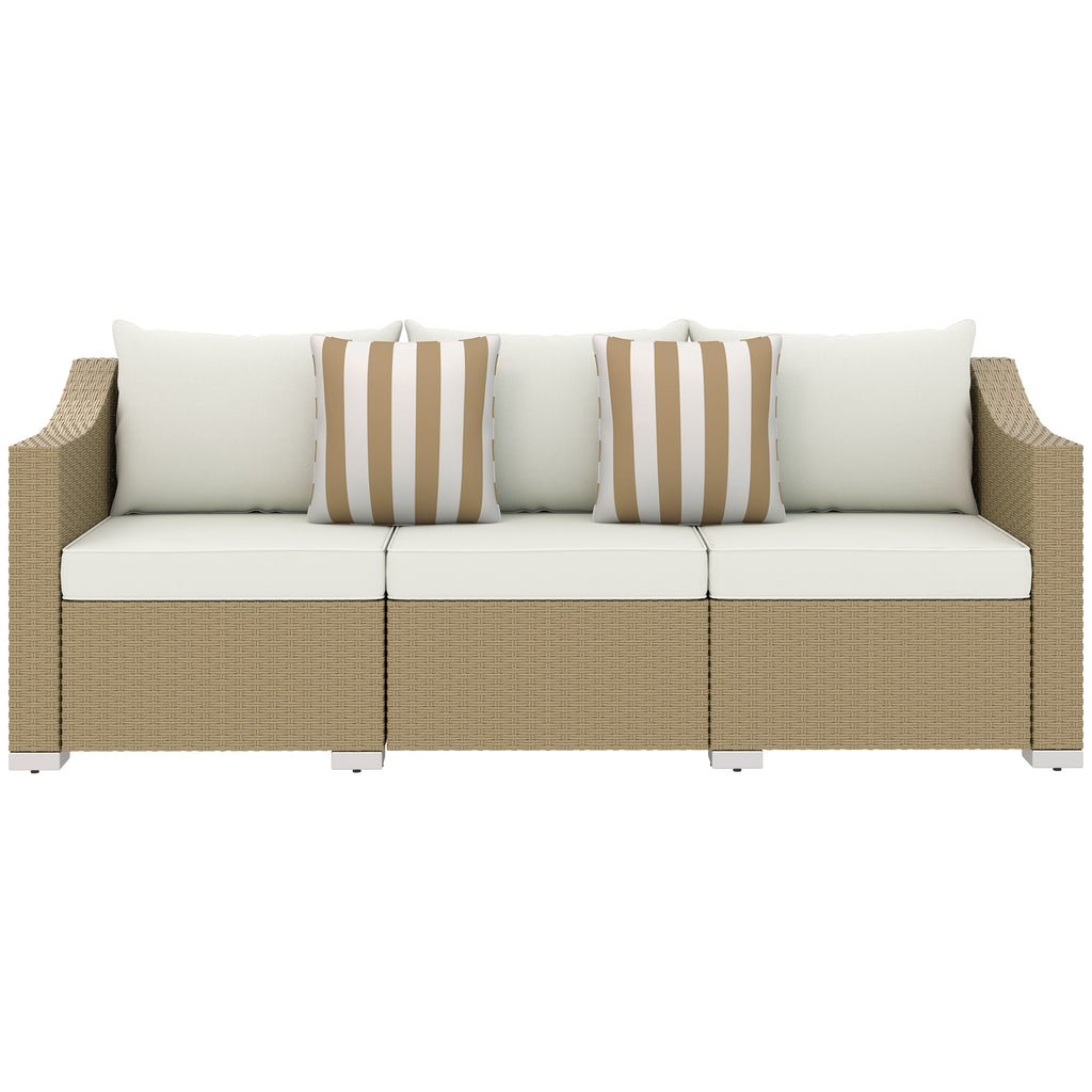 Rattan Wicker 3 Seater Patio Couch With Cushions, 2 Throw Pillows, Outdoor Furniture Rattan Sofa, Cream White