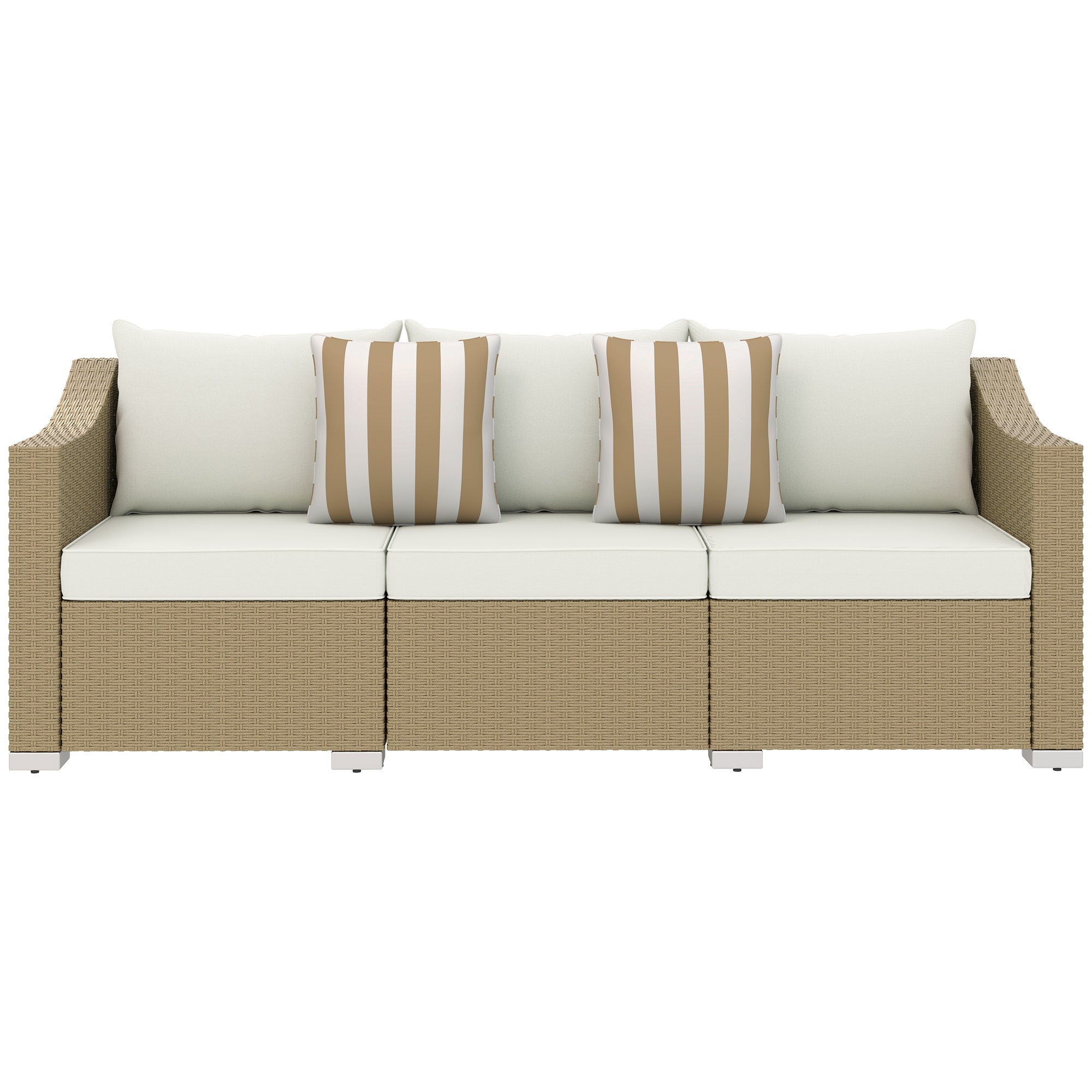 Rattan Wicker 3 Seater Patio Couch With Cushions, 2 Throw Pillows, Outdoor Furniture Rattan Sofa, Cream White