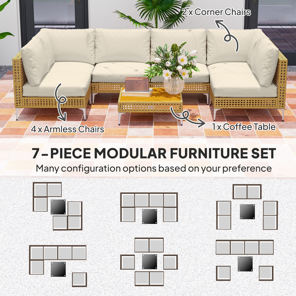 7 Piece Wicker Patio Furniture Set, Modular Outdoor Sectional With Thickened Cushions, Acacia Wood Table, Khaki Beige