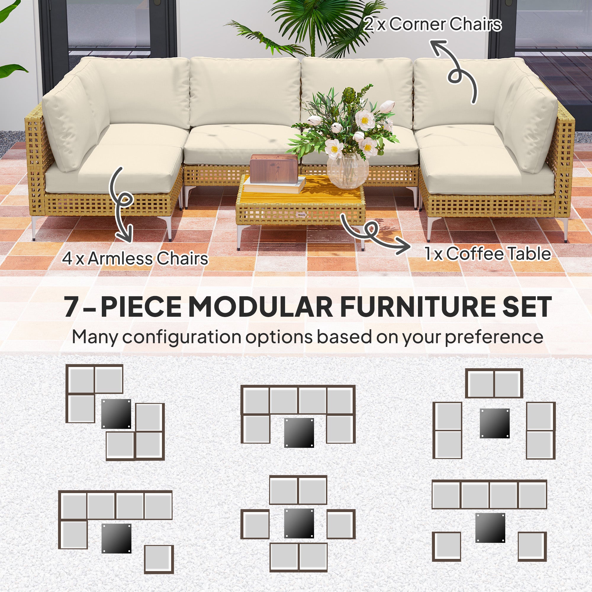 7 Piece Wicker Patio Furniture Set, Modular Outdoor Sectional With Thickened Cushions, Acacia Wood Table, Khaki Beige