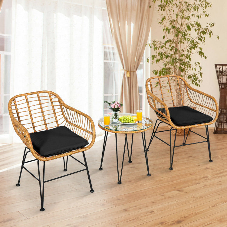 3 Pieces Rattan Furniture Set With Cushioned Chair Table