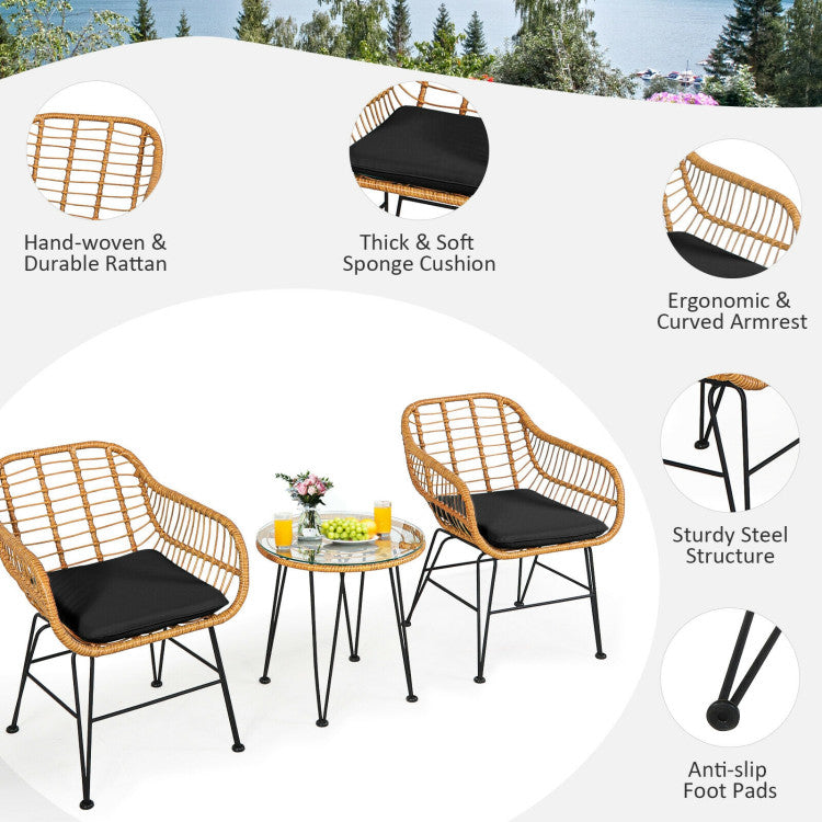 3 Pieces Rattan Furniture Set With Cushioned Chair Table