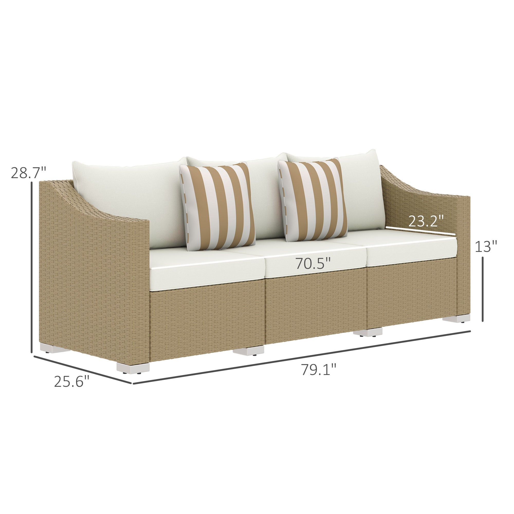 Rattan Wicker 3 Seater Patio Couch With Cushions, 2 Throw Pillows, Outdoor Furniture Rattan Sofa, Cream White
