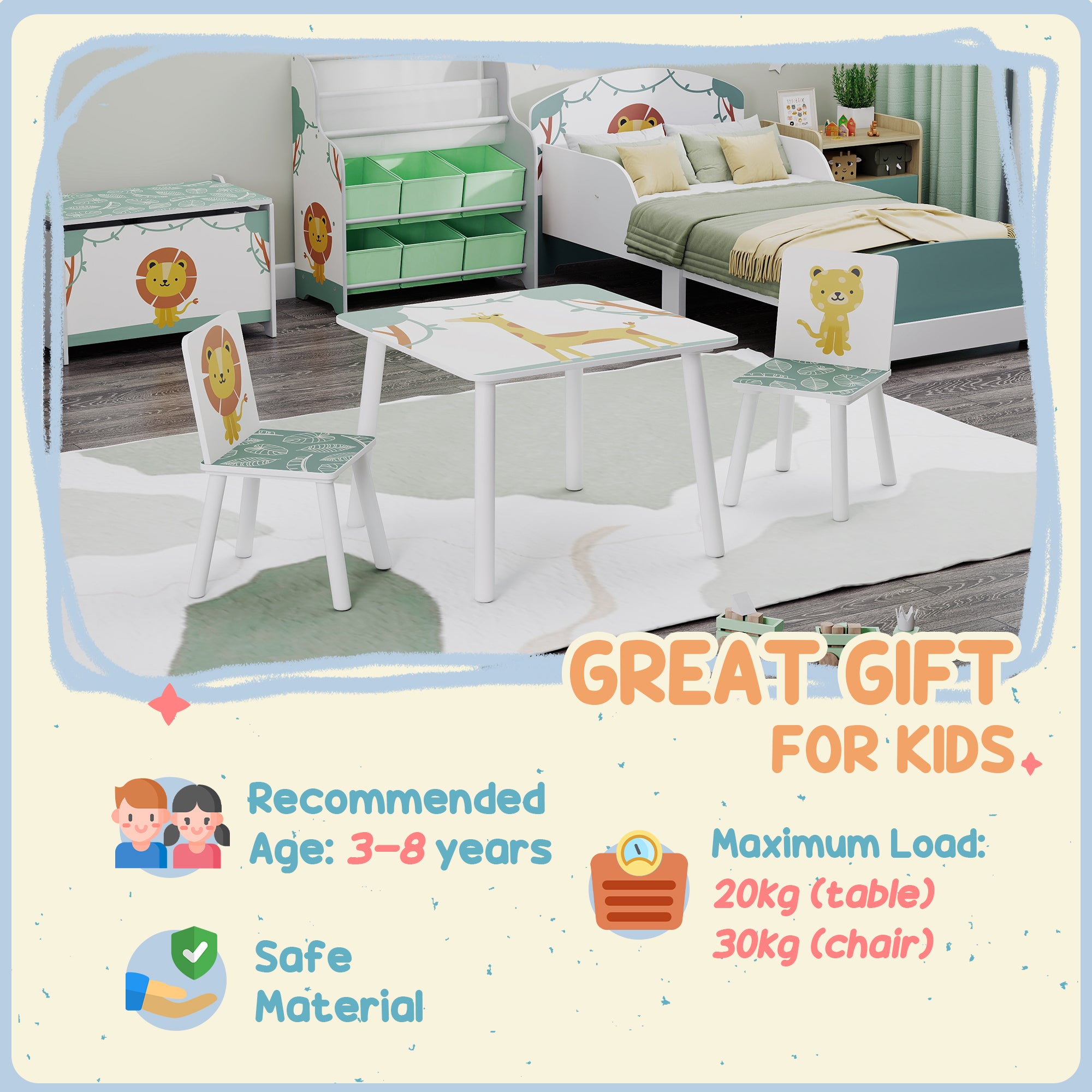 3-Piece Kids Toddler Table and Chair Set Furniture for Boys and Girls Aged 3-8